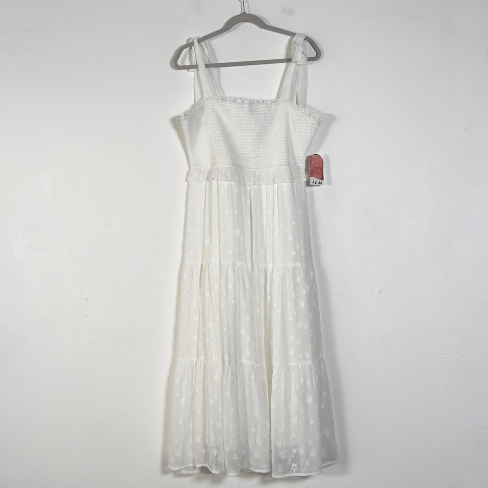 Arula Smocked Tiered Dress Women Sz A 1X White Star Clip Dot Tie Shoulder Straps